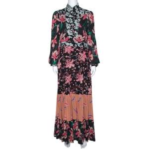 Gucci Black Floral Print Crepe Flared Maxi Dress M