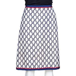 Pre Owned Gucci Navy Blue & Cream GG Macrame Overlay A-Line Skirt M