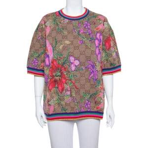 Pre Owned Gucci Brown Floral Logo Monogram Lurex Knit Short Sleeve Sweater L