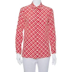 Pre Owned Gucci Red & Cream Silk Geometric Print Button Front Shirt S