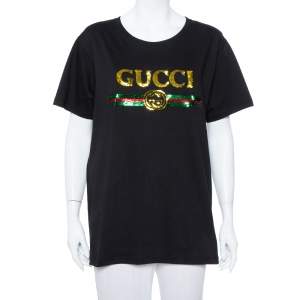 Pre Owned Gucci Black Sequin Embellished Cotton Roundneck T Shirt M