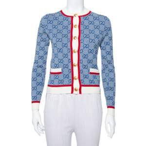 Gucci Blue Wool Logo Intarsia Knit  Button Front Cardigan XXS