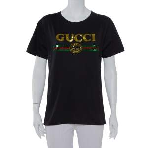 Gucci Black Cotton Sequin Embellished Tiger & Logo Detail Oversized T-shirt XS