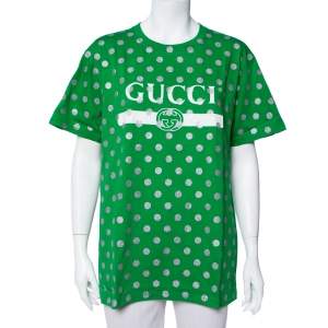 Gucci Green Glitter Polka Dot & Logo Printed Cotton Crewneck T-shirt XS