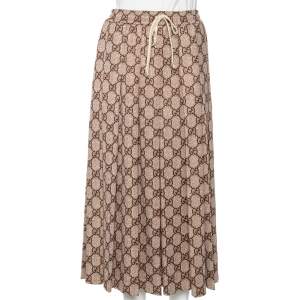 Pre Owned Gucci Beige Logo Monogram Knit Pleated Midi Skirt S