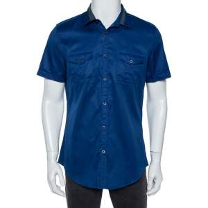 Gucci Blue Cotton Contrast Collar Detail Short Sleeve Skinny Fit Shirt L
