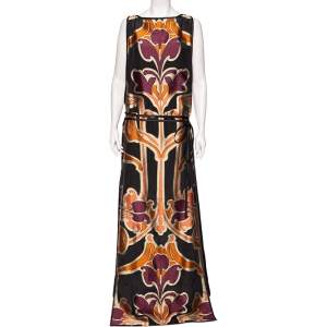 Pre Owned Gucci Black Nouveau Printed Silk Belted Maxi Dress L