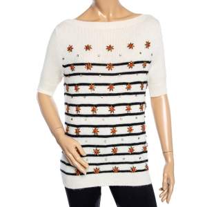Pre Owned Gucci Off-White Striped Cashmere Embellished Sweater S