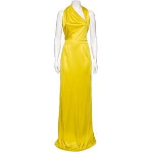 Pre Owned Gucci Yellow Silk One Shoulder Draped Dress M