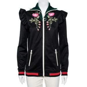 Pre Owned Gucci Black Jersey Floral Embroidered Ruffled Detail Technical Jacket L