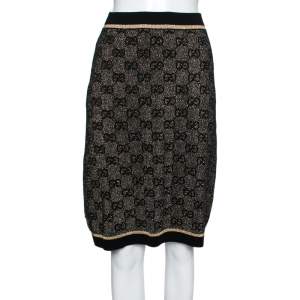 Pre Owned Gucci Gold & Black GG Lurex Jacquard Wool Skirt S