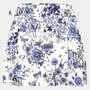 Pre Owned Gucci Cream and Blue Floral Print Cotton Pleated Mini Skirt M