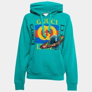 Gucci Teal Blue Cotton Planet Sequined Hooded Sweatshirt XS