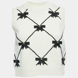 Gucci White Bow Embellished Knit Sleeveless Vest S