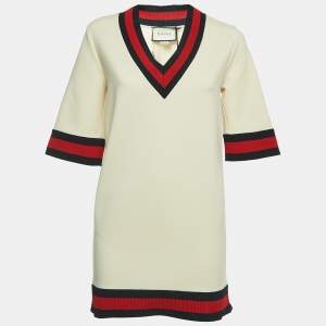 Gucci Cream Jersey Grosgrain-Trimmed Detail Mini Dress S