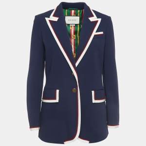 Gucci Navy Blue Crepe Contrast Trim Detail Button Front Blazer M