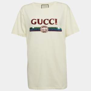 Gucci Cream Logo Sequined Cotton Crew Neck T-Shirt M
