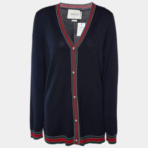 Gucci Navy Blue Wool Web Trim Button Front Cardigan XXL