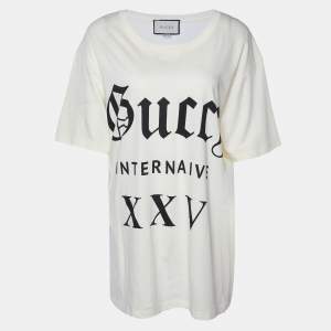 Gucci Cream Guccy Print Cotton Crew Neck T-Shirt L