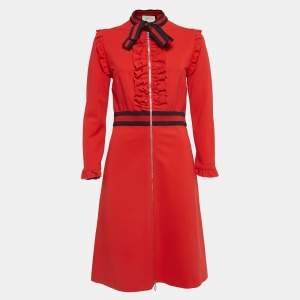 فستان غوتشي جيرسيه أحمر بربطة عنق مكشكش مقاس كبير  - لارج