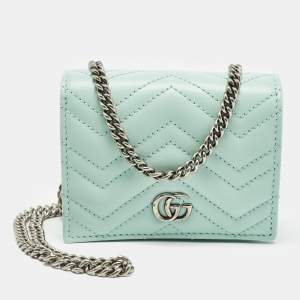 Gucci Light Mint Green Matelassé Leather GG Marmont Compact Wallet on Chain