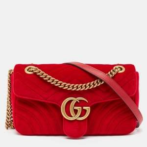 Pre Owned Gucci Red Matelassé Velvet Small GG Marmont Shoulder Bag