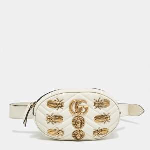 Pre Owned Gucci Off White Matelassé Leather GG Marmont Belt Bag