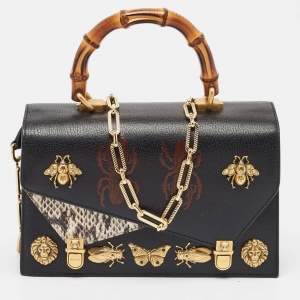 Pre Owned Gucci Black Python and Leather Studded Ottilia Bamboo Top Handle Bag