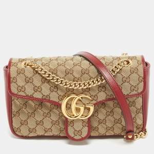 Gucci Beige/Red Diagonal Quilt GG Canvas and Leather Small GG Marmont Shoulder Bag