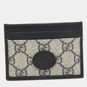 Gucci Beige/Navy Blue GG Supreme Canvas and Leather Interlocking G Card Holder