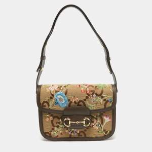 Pre Owned Gucci Beige/Ebony Jumbo GG Canvas and Leather Floral Embroidered Small 1955 Horsebit Shoulder Bag