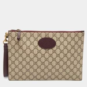 Gucci Beige/Burgundy GG Supreme Coated Canvas and Leather Wristlet Pouch