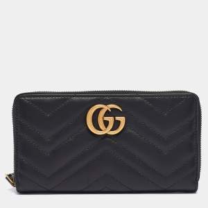 Gucci Black Matelassé Leather GG Marmont Zip Around Wallet