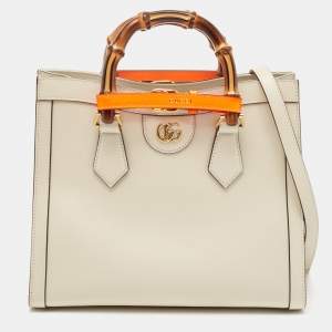 Pre Owned Gucci Off White Leather Small Bamboo Diana Tote