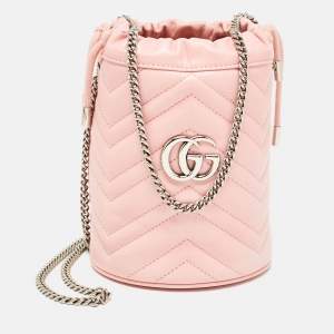 Gucci Pink Matelasse Leather Mini GG Marmont Bucket Bag