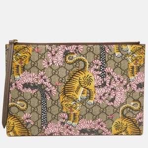 Gucci Beige GG Supreme Coated Canvas and Leather Bengal Tiger Zip Pouch