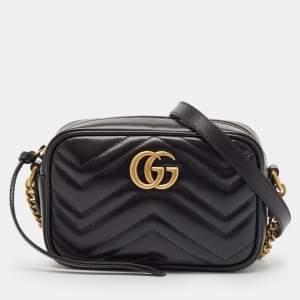 Pre Owned Gucci Black Matelasse Leather Mini GG Marmont Shoulder Bag
