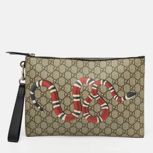 Gucci Beige/Black GG Supreme Canvas Kingsnake Print Pouch Clutch