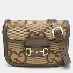 Gucci Brown/Beige Jumbo GG Canvas and Leather Mini Horsebit 1955 Shoulder Bag