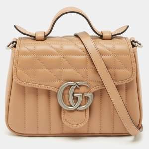 Gucci Beige Matelassé Aria Leather Mini GG Marmont Top Handle Bag