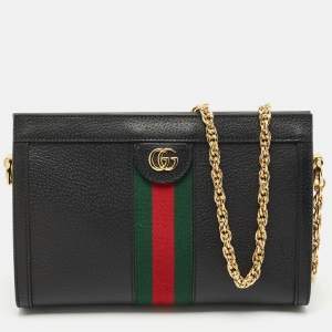 Pre Owned Gucci Black Leather GG Web Detail Ophidia Small Chain Shoulder Bag