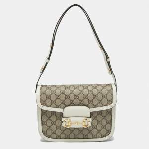 Gucci Beige/Off White GG Supreme Canvas and Leather Medium Horsebit 1955 Shoulder Bag
