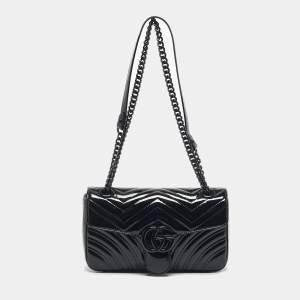 Gucci Black Matelassé Patent Leather Medium GG Marmont Shoulder Bag