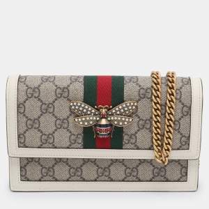 Pre Owned Gucci White/Beige GG Supreme Canvas and Leather Queen Margaret Wallet On Chain