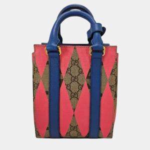 Pre Owned Gucci  GG Supreme Monogram Calfskin Rhombus Mini Tote Bag Beige Ebony Pink Blue