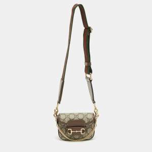 Pre Owned Gucci Beige/Brown GG Supreme Canvas and Leather Mini Horsebit 1955 Crossbody Bag