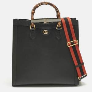 Pre Owned Gucci Black Leather Large Bamboo Diana Tote