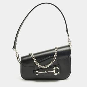 Pre Owned Gucci Black Leather Mini Horsebit 1955 Asymmetric Shoulder Bag