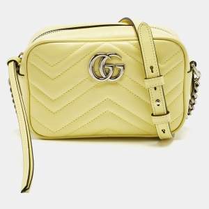 Pre Owned Gucci Yellow Matelassé Leather Mini GG Marmont Camera Bag 