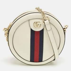Pre Owned Gucci Off White Leather Mini Ophidia Round Shoulder Bag